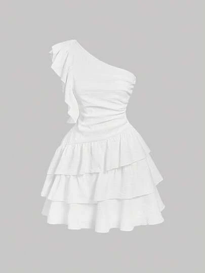 SHEIN MOD White Asymmetrical Shoulder Dreamy Romantic Dress With Layered Ruffle Hem, Multi-Tiered Dress, Suitable For Dates, Parties, Holidays, Tea Ceremonies, Birthday Occasions,Summer Outfits For Women,Vacation Outfits Woman,Easter,Wedding Guest Dress Women,Boho Style,Concert Outfit Women,Cruise Attire Women,Dresses For Women Elegant,Country Outfits Women