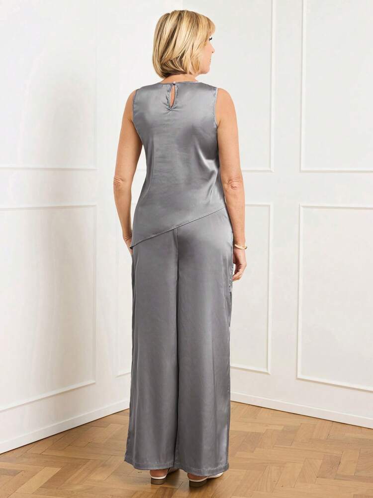 2pcs Set: Asymmetrical Hem Top & Straight-Leg Pants, Elegant Commuting Outfit For Spring/Summer