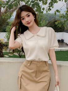 DAZY Women Plain Simple Style Casual Daily Wear T-Shirt Summer - Khaki - View 4