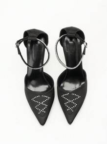 CUCCOO CHICEST 黑色缎面尖头交叉带水钻踝带细高跟鞋，优雅性感浪漫奢华女士镂空高跟鞋，适合晚会、宴会、晚会