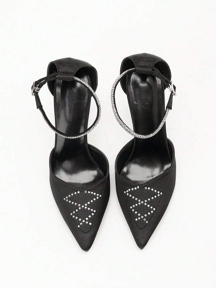 CUCCOO CHICEST 黑色缎面尖头交叉带水钻踝带细高跟鞋，优雅性感浪漫奢华女士镂空高跟鞋，适合晚会、宴会、晚会 - 黑色 - 查看 4