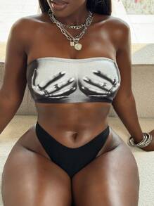 BamGleam Human Body Print Bandeau Swim Bikini Set, Minimalist Casual Beachwear, Halloween - Black - View 1