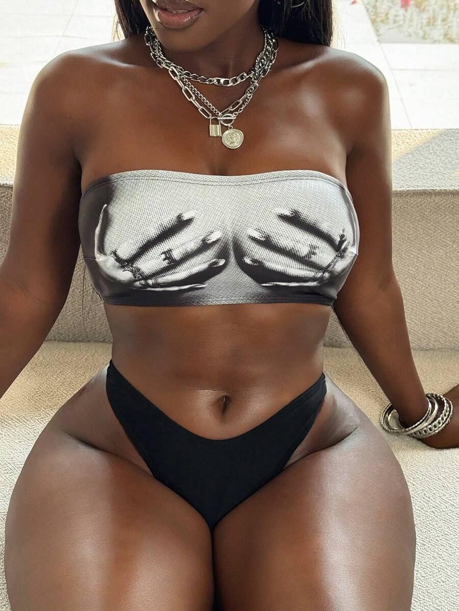 BamGleam Human Body Print Bandeau Swim Bikini Set, Minimalist Casual Beachwear, Halloween - Black - View 1