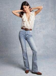 WESTFADE High Rise Western Studded Side Seam Fitted Flare Denim Jeans - Light Wash - View 5