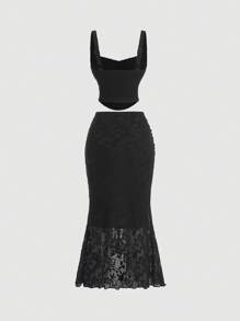 SHEIN MOD Black Lace Vest Fishtail Skirt Two-Piece Set Dreamy Formal Set,Prom Set,Cruise Women Outfits, Clothes,90s Outfit,Fall Sets,Korean Fashion,Corpse Bride,Bridesmaid Set,Dinner Outfit,Birthday Women Outfits,Homecoming,Ruffle Set,Renaissance
