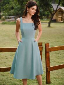 Vintamour 复古优雅女式连衣裙，带口袋纽扣，休闲度假夏季女式服装，度假服装女士浪漫连衣裙，女士夏季连衣裙，女士海滩服装，90 年代服装连衣裙 - 藍色 - 查看 4