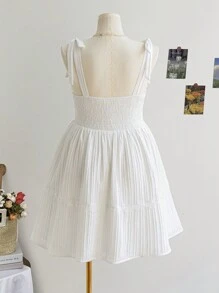 Soleia Plus Size Women Spring Romantic White Shoulder Bow, Gathered Bust, Empire Waist, A-Line Mini Dress - Multicolor - View 2