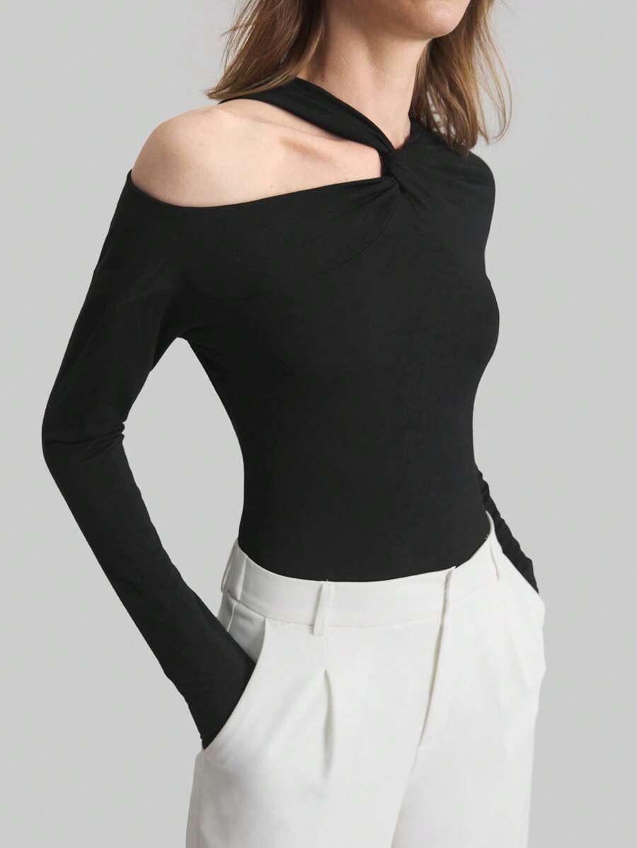 Ontre 女士黑色 90 年代风格优雅扭领不对称长袖弹力紧身衣 - 黑色 - 查看 1