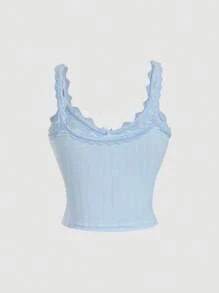 SHEIN MOD Cute Light Blue Cami Top With Pleated Lace Patchwork Bow, Singlet, Light Blue Tank Top, Fall, Bow Top, Cute School Top, Back To School Top