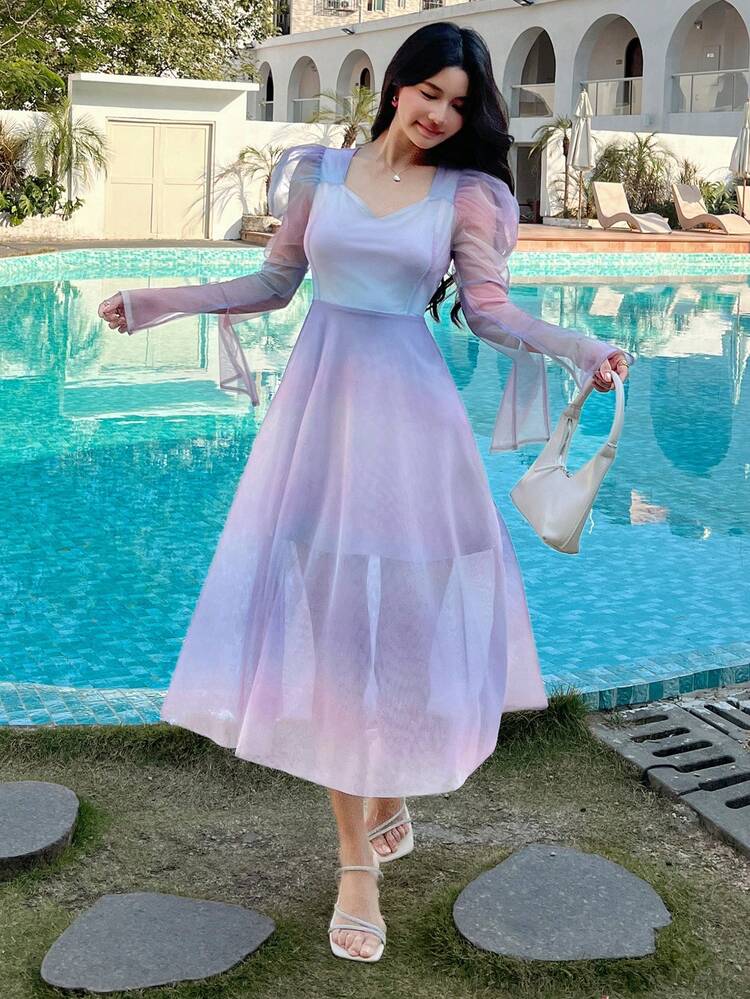 Novo Lançamento de Primavera Vestido de Alça Transparente com Cintura Marcada, Vestido Longo de Praia Degradê Ombré para Mulheres, Vestido Longo de Manga Comprida Vestido Longo Maxi para o Outono