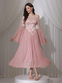 Modelyn 女式长款拼接喇叭形不对称肩部优雅连衣裙 - 粉色 - 查看 6