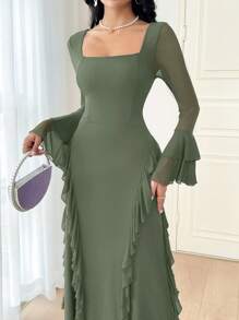 Modelyn Women's Solid Color Square Neck Bell Sleeve Long Elegant Dress Long Evening Dresses