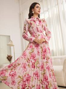 Modelyn Ruffled Tie Neck Pleat Patchwork Floral Print Dress Fall Cloth For Women - Pink - View 8