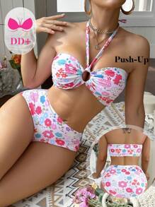 Swim DD+ Women's Floral Print Bandeau Bikini Set With Removable Straps, Vacation Swimwear, For Summer Beach