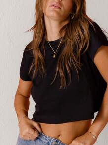 Aralina Jet Black Cropped Hem Capped Sleeve Tee