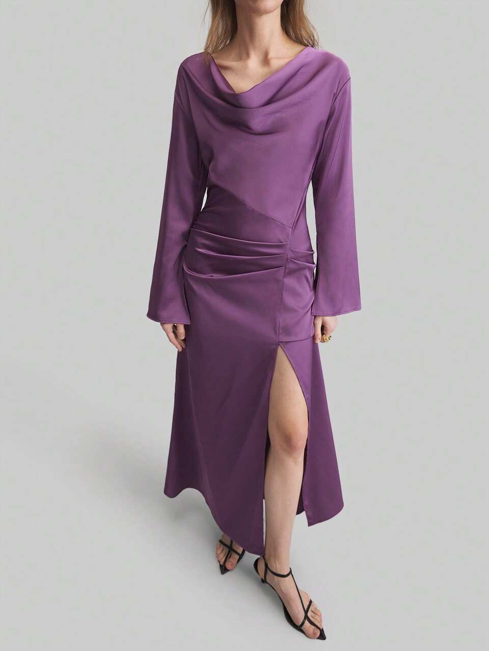 Women's Vintage Ruffle Dress, Urban Elegant Style In Lavender & Grey, Long Flared Sleeve With Ruffle Detail, All Season Spring/Summer