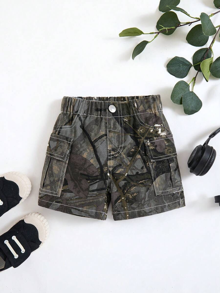 男童休闲直筒工装口袋迷彩短裤 - 彩色 - 查看 1