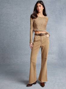 WESTFADE Parte superior acortada con cuello redondo, manga larga ajustada, ribete de hojas y estampado floral de punto para primavera y verano