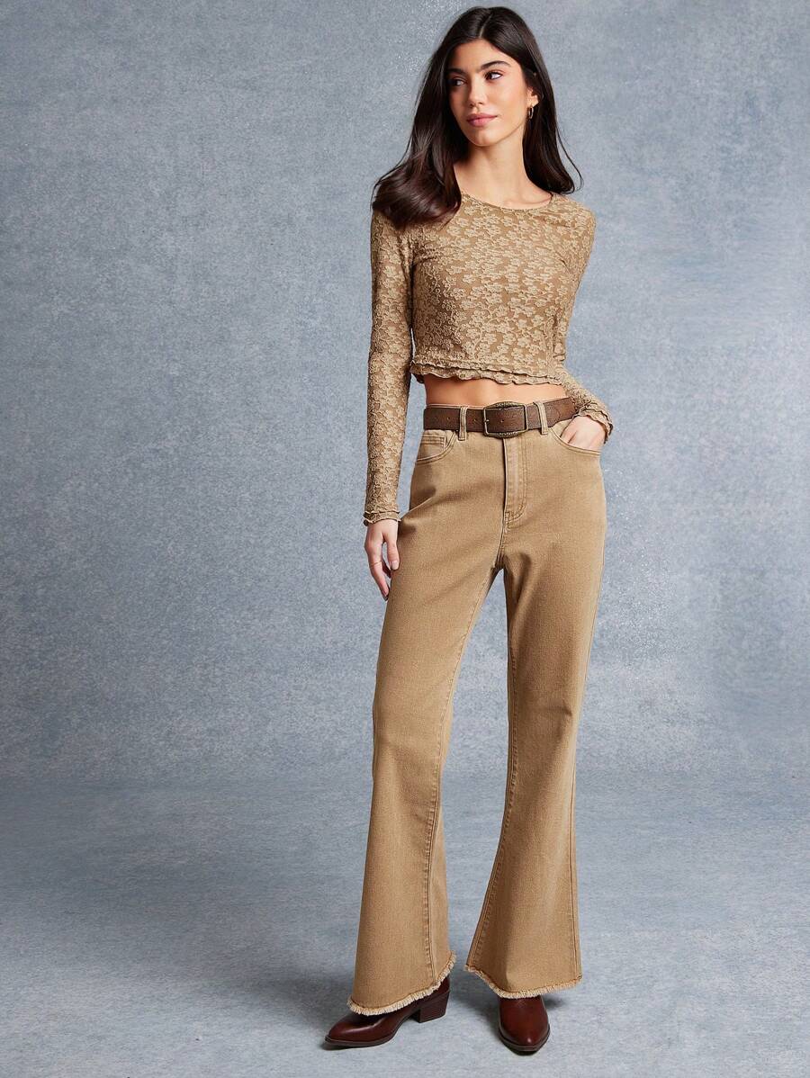 WESTFADE Parte superior acortada con cuello redondo, manga larga ajustada, ribete de hojas y estampado floral de punto para primavera y verano