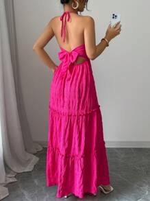 Elenzga Women's Elegant Solid Color 3D Floral Backless Halter Dress