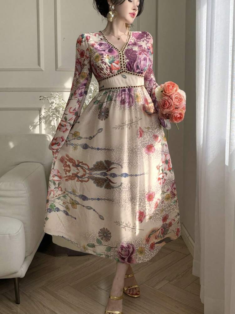 Spring New Waist-Cinched Floral Print V-Neck Sundress, Elegant Muse Style Long Dress, Slim Fit And Versatile For Women,Ruffle,Fall Dress Long Sleeve Dress Vacation Outfits Women Boho