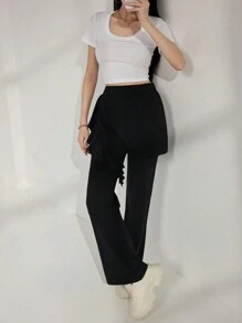 Modelyn Women's Solid Color Ruffle Trim Palazzo Pants - Black - View 7