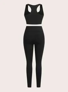 SHEIN Essnce 大码女士休闲夏季服装女士健身休闲套装女士慢跑裤女士街头服饰拉链高领长袖上衣、吊带背心和紧身裤套装女士健身套装三件套 - 黑色 - 查看 9