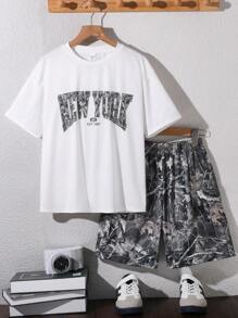 2pcs Kids Tween Boy Casual Academy Style Loose Letter Graphic Round Neck Tee And Shorts Set, Comfortable, Versatile, Suitable For Commute, School, Casual, Vacation, Sports, Spring/Summer/Fall/Winter