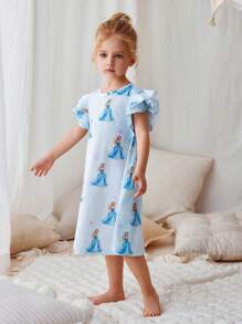 Jong meisje' Elegante Casual Schattige Blauwe Prinses Meisje Sneeuwvlok Ruffle Trim Lange Mouw Nachthemd Loungewear
