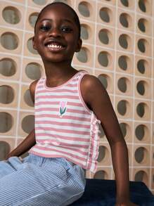 SHEIN Young Girls Floral Embroidered Pink Striped Ruffled Tank Tops & Camis, Casual Everyday Style