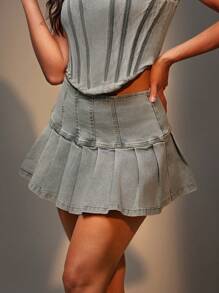 Denimoi 复古洗水褶皱牛仔迷你短裙