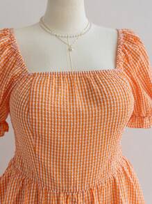 Dreamara Women Plus Size Orange & White Plaid Ruffle Puff Sleeve Casual Holiday Square Neck Jumpsuit, Summer - Orange - View 5