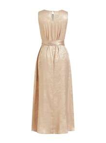 Ellevyn Women's Elegant Tie-Waist Pocket Gold Sequin Round Neck Slim A-Line Dress, Resort Style Dress For Spring/Summer - Gold - View 9