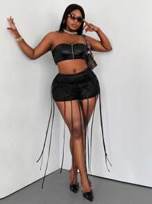 Maweii Plus Size Sexy Knit Faux Leather Draw String Tassel Shorts - Black - View 6