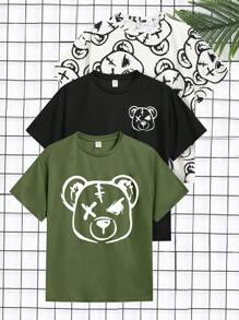SHEIN 3pcs/Set Tween Boys Casual J-Pop Style Teddy Bear Graphic Round Neck Loose Knit Short Sleeve T-Shirts In 3 Colors, School, Campus, College - Army Green - View 1