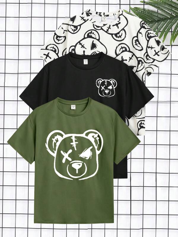SHEIN Set de 3 camisetas de manga corta de punto holgadas con cuello redondo y diseño gráfico de oso de peluche en estilo J-Pop casual para niños preadolescentes en 3 colores