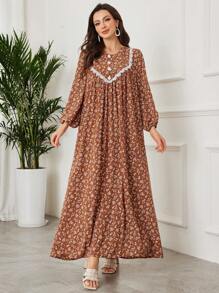SHEIN Lacomfia Elegant Lady Minimalist Floral Print Arabic Style Dress - Coffee - View 3