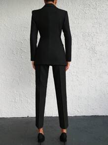 EURMUSE Solid Colored Double Breasted Coat And Pants Suit - Black - View 2