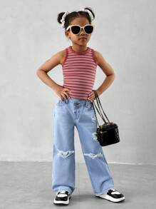 Young Girl Ripped Distressed Casual Fashionable Slant Placket Denim Straight Jeans