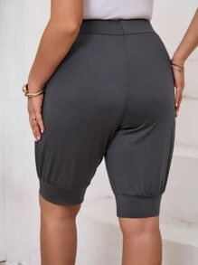 EMERY ROSE Plus Size Solid Color Lace-Up Pocket Casual Shorts, Everyday Wear - Dark Grey - View 2