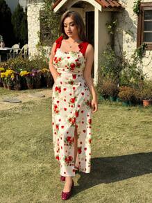 SHEIN EZwear Váy yếm in hình quả dâu tây cỡ lớn - Màu be - Xem 5