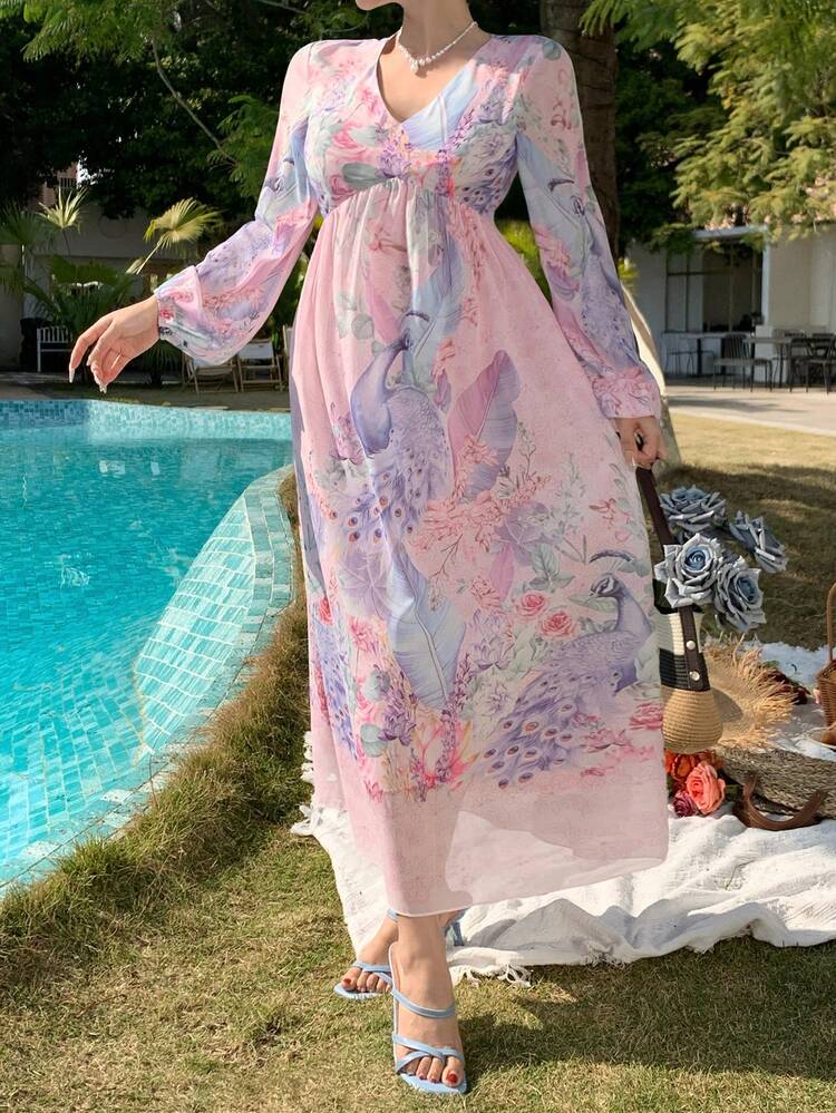 Spring New Valentines Floral & Animal Print Waist Sundress, Muse Dress, Vacation Style Dress, Elegant High Waist Ladies Dress,Fall Dress Long Sleeve Dress Maxi Dress