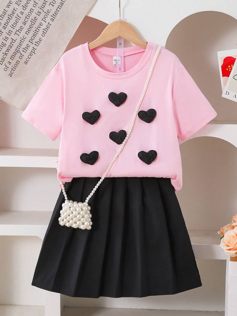 Bộ 2 chiếc áo cổ tròn màu trắng cho bé gái tuổi teen có thiết kế hình trái tim 3D và chân váy xếp ly màu đỏ - Nhiều màu - Xem 1