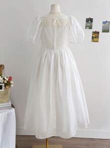 Soleia Vestido midi de línea A con mangas abullonadas y detalle torcido al frente, rosa, para primavera, talla grande
