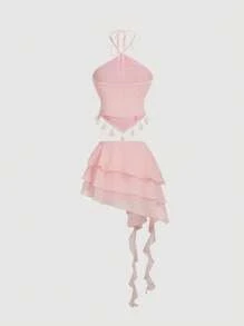 SHEIN MOD Trang phục lãng mạn màu hồng: Áo ba lỗ tua rua và chân váy xếp nếp nhiều lớp, trang phục dự tiệc, trang phục Bohemian, trang phục đi nghỉ, trang phục đi biển - Hồng - Xem 2
