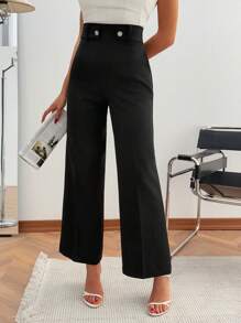 EURMUSE Women's Solid Button Accessory Detailed Elegant Pants - Black - View 5