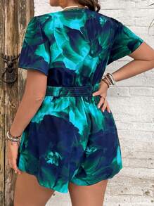 SHEIN VCAY Plus Size Women Casual Vacation Beach Ruched Waist Tropical Floral Print Rompers, Rave Outfits Festival, Business Woman, Boho Country For - Multicolor - View 2