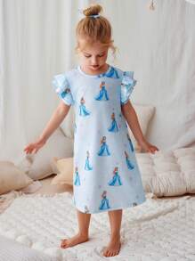 Jong meisje' Elegante Casual Schattige Blauwe Prinses Meisje Sneeuwvlok Ruffle Trim Lange Mouw Nachthemd Loungewear