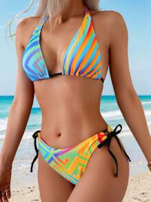 SHEIN Swim Ombre Color Block Striped Sexy Bikini Summer Set, Women Swimming Beach Suit - Multicolor - View 4