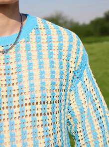 Manfinity CasualKnits 男士圆领短袖条纹镂空简约休闲针织上衣 - 彩色 - 查看 3